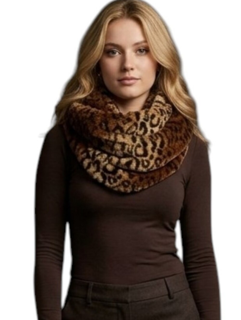 Simonetta Luxury Faux Fur Infinity Scarf Leopard Print Plush Neck Warmer Cowl